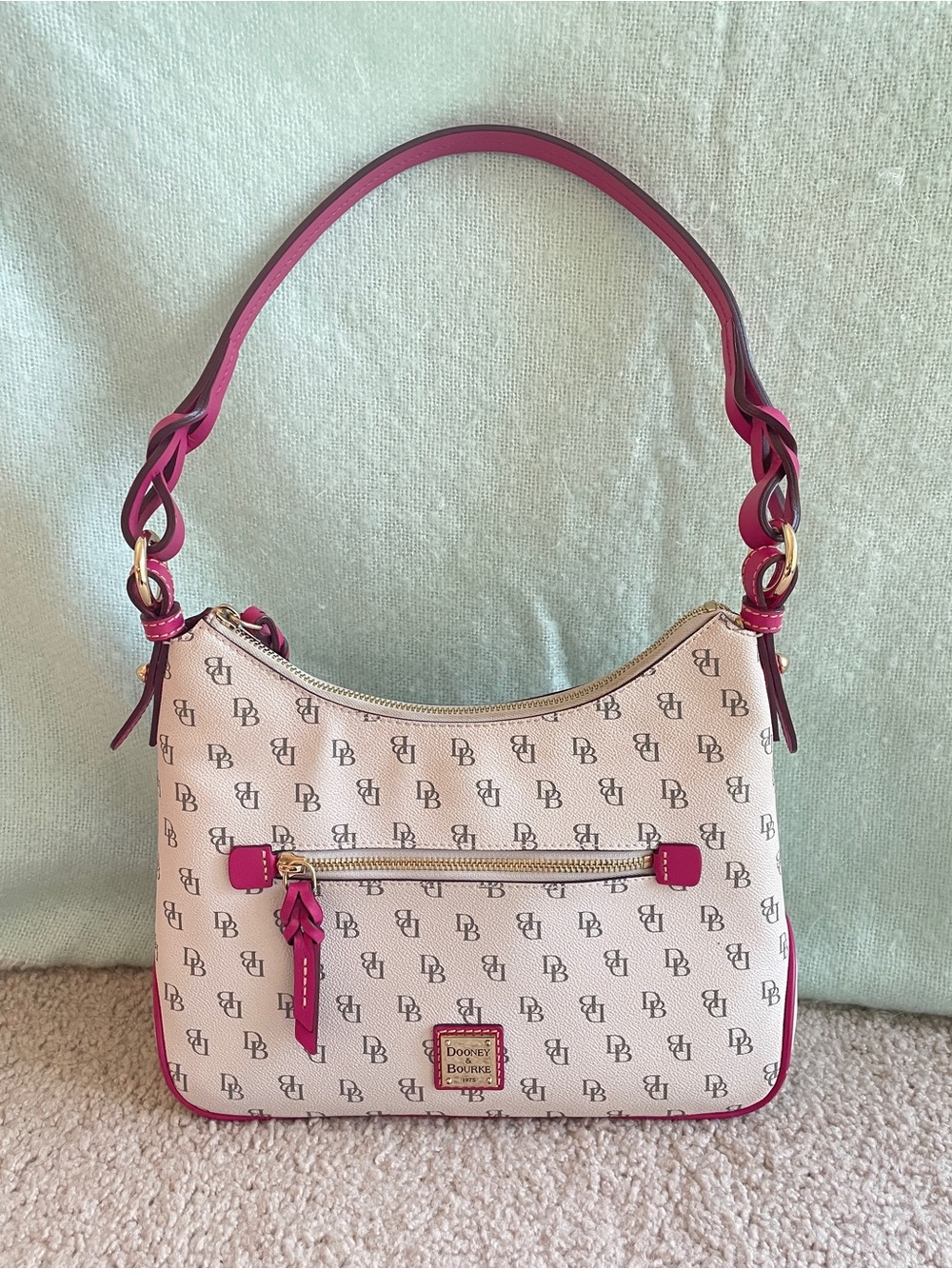Dooney Bourke White Monogram Shoulder Bag with Pink Trim - Gretta Twist Strap